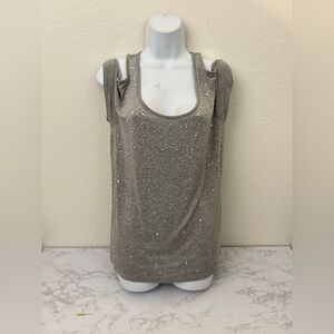 Rhinestone Bebe Gray Top Cold Shoulder Short Sleeve Size Small Embellished